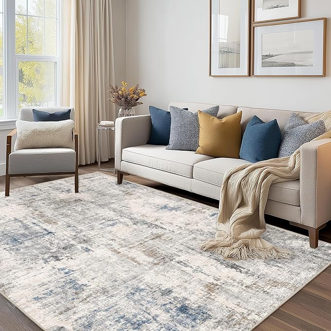 FMFUNCTEX 4x6 Washable Area Rug Brown Blue Abstract Modern Neutral Non Slip Low Pile Indoor Carpet Soft Throw Rug for Entryway Entrance Living Room Bedroom Dining Office Nursery Entry Kitchen Laundry