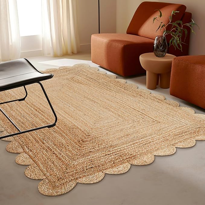 Savi Home Scalloped Jute Rug 4'x6' – Handwoven Natural Area Rug, Farmhouse Boho Style, Eco-Friendly Reversible Carpet for Living Room, Bedroom, Entryway, Dining Room Décor