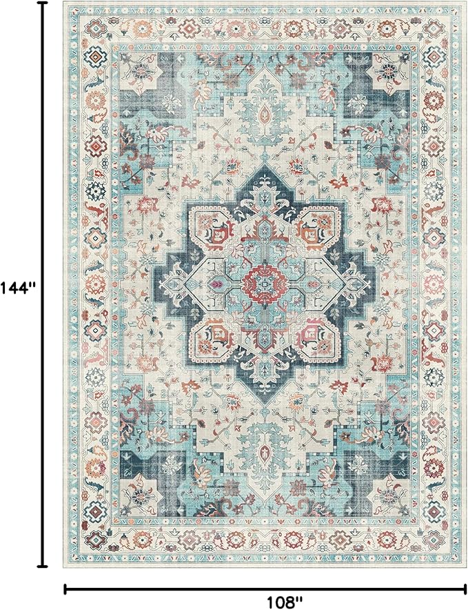 GENIMO 9x12 Area Rugs for Living Room, Machine Washable Non Slip Vintage Rugs, Low Pile Lightweight Chenille Print Rug for Bedroom, Dining Room, Home Office, Turquoise