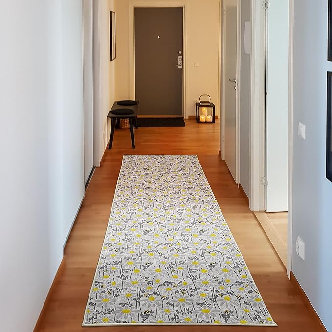 Ambesonne Yellow Decorative Area Rug, Pattern with Bees and Chamomile Daisy Flowers in Flourishing Meadow Nature, Quality Carpet for Bedroom Dorm Living Room, 2' 5" x 7' 5", Grey Yellow White