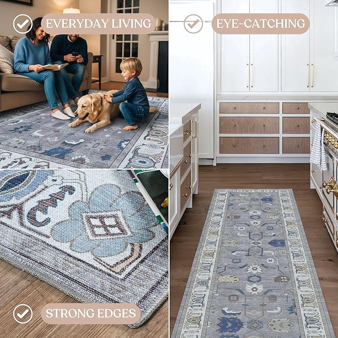Fame Living Grey Oushak Runner Rug, Modern Runners, Vintage, Turkish, Eclectic, Floral, Pastel, Washable, Runner for Hallway, Kitchen, Bedroom, Bathroom, 2'5"x9'8"