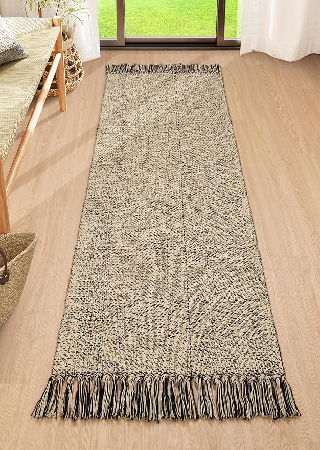 Collive Farmhouse Hallway Runner Rug, 2x6 Hand-Woven Reversible Washable Runners for Kitchen Floor, Natural/Black Cotton Laundry Room Rugs Modern Boho Kitchen Sink Carpet for Bathroom Foyer Bedroom