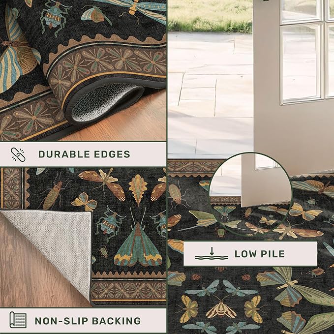 Black Washable Insect Area Rugs 8x10 for Living Room, Bedroom, Dining Room Under Table, Playroom, Large Dark Whimsical Boho Indoor Rug, Ultra Soft Low Pile Non Slip