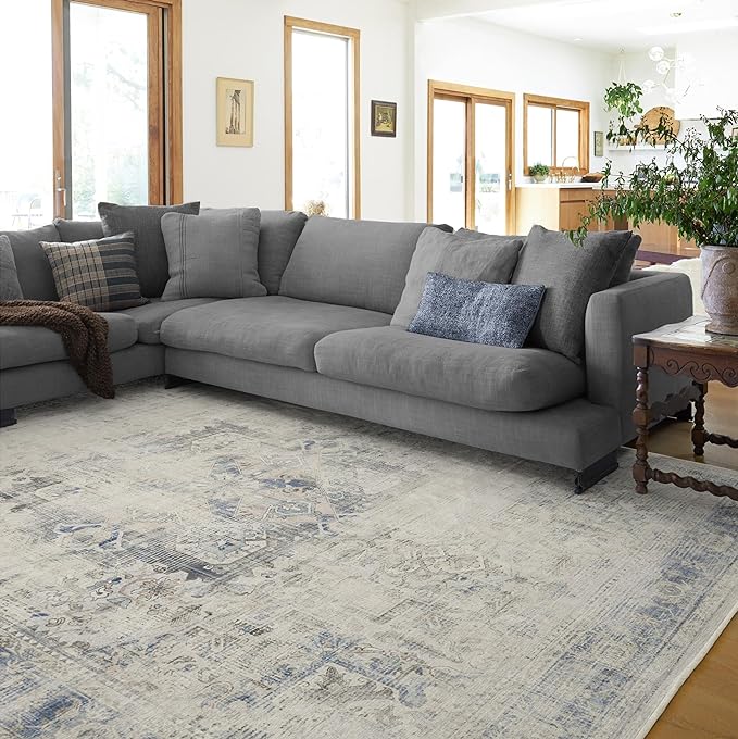 RUGGABLE Washable Vintage Area Rug – Kamran Blue Quartz 9x12, Stain-Resistant, Non-Slip – Large Machine Washable Rugs for Living Room, Bedroom, Hallway, Entryway & Office–with Standard Pad