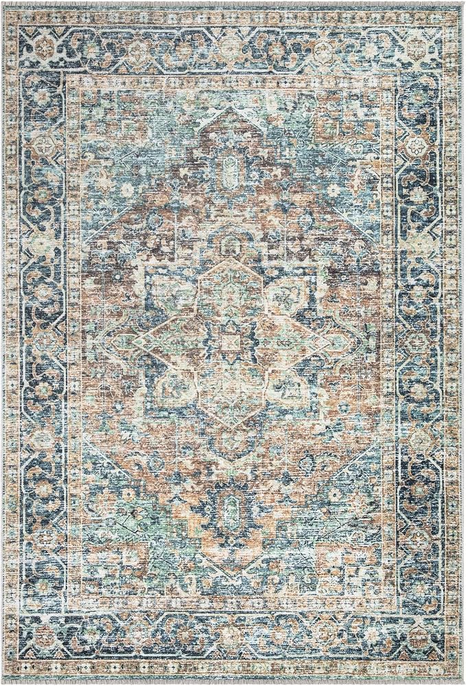 Bloom Rugs Caria Washable Non-Slip 3x5 Rug - Blue Green/Tangerine Traditional Area Rug for Living Room, Bedroom, Dining Room, and Kitchen - Exact Size: 3' x 5'
