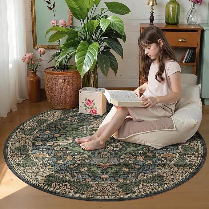 4ft Round Area Rugs for Living Room, Washable Floral Circle Rug Non Slip Low Pile, Vintage Boho Botanical Birds Throw Carpet for Farmhouse, Bedroom, Dining Room, Retro Gold/Green
