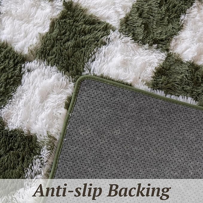 8x10 Area Rugs for Living Room Bedroom, Soft Fluffy Shaggy Bedside Rug, Indoor Floor Carpet for Kids Playroom, Dorms, Nursery Rooms, Home Decor (Olive Green & White 8'x10')
