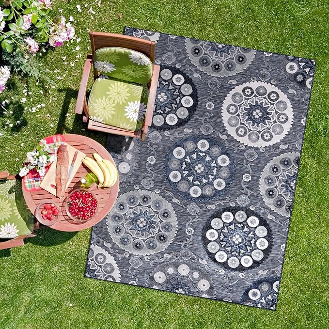 CAMILSON Indoor Outdoor Rug 6x9 Bohemian Medallion Floral Area Rugs for Indoor and Outdoor Patios Easy-Cleaning Non-Shedding Living Room Garden and Kitchen Washable Outside Carpet (6 x 9 / Navy)