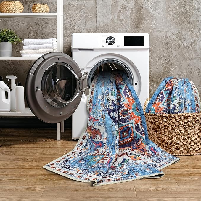 GLN Rugs Traditional Collection - Machine Washable Area Rug, Traditional Washable, Non Slip, Low Pile Chenille Rug, Living Room, Bedroom, Kitchen Rug (2'6" x 7' Blue/Multicolor)