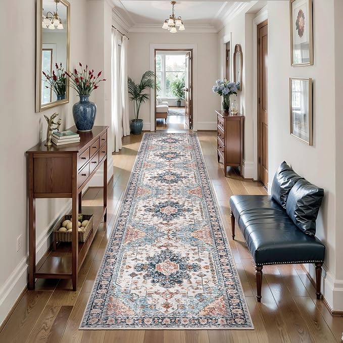 Tangsoo Hallway Runner Rugs 2.6x12 Washable Runner Rug for Hallways, Non Slip Vintage Soft Low Pile Long Rugs Runner, Oriental Carpet Runners for Kitchen Bedroom Entryway Living Room Blue/Orange