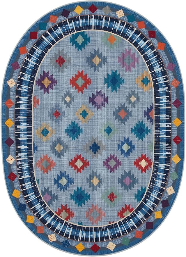 Funky Vintage Blue Red Orange Geometric Texture Indoor Area Rug for Living Room Bedroo Dining Room Faux Wool Soft Low Pile Oval Rugs 3x5 Entrance Nursery Farmhouse Rustic Country Home Office Carpet