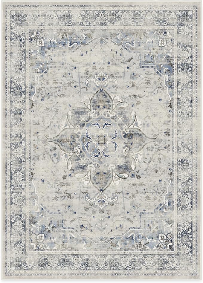RUGGABLE Washable Vintage Area Rug – Sarrah Blue Quartz 10x14, Stain-Resistant, Non-Slip – Large Machine Washable Rugs for Living Room, Bedroom, Hallway, Entryway & Office–with Standard Pad