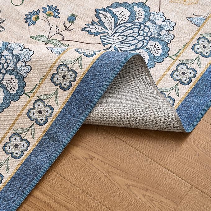 jinchan Elora 6ft Floral Round Rug for Dining Room Washable Living Room Rug Vintage Romance Design Non Slip Indoor Floor Cover Lightweight Low-Profile Throw Carpet for Bedroom Porch Patio, Blue/Beige