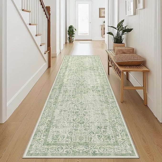 Runner Rug 2x5 Sage Green Hallway Washable Vintage Distressed Kitchen Carpet Non Slip Neutral Low Pile Retro Floral Farmhouse Long Throw Rug Entryway Bathroom Office Laundry Dining Room