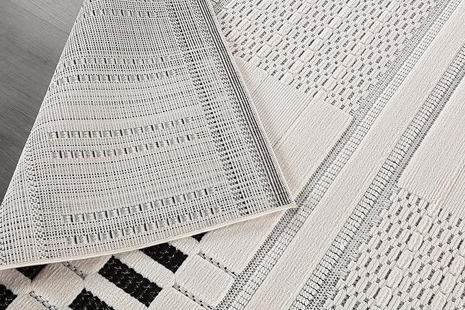 CAMILSON Modern Rug 6x9 Luxury Geometric Pattern Micro Loop Area Rugs Soft High and Low Pile Stain Resistant Easy to Clean Non-Shedding Durable Living Room Office Indoor Carpet (White/Black)