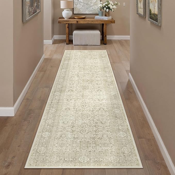 Beige Runner Rug 2x8 Vintage Area Carpet Hallway Long Indoor Kitchen Washable Living Room Low Pile Traditional Distressed Retro Accent Throw Rug Non Slip Laundry Bathroom Office