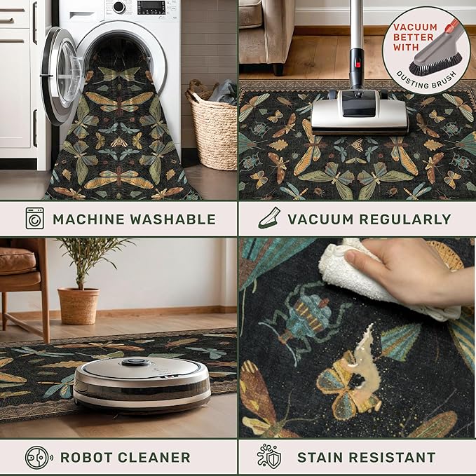 Black Insect 2'6"x8' Washable Non Slip Runner Rugs for Hallways, Non Skid Stain Resistant Rug Runners for Kitchen, Entryway, Mudroom -, Dark Floral Boho Cottagecore Home Decor