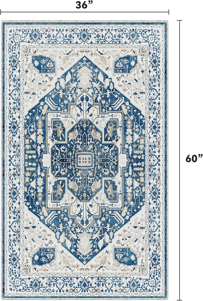 EnHomee 3x5 Washable Area Rugs for Bedroom, Boho Vintage Rugs, Foldable Area Rug for Dining Room, Non-Slip Soft Living Room Rug, Low Pile Large Carpet for Bathroom, Blue and White