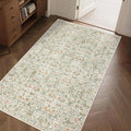 Washable Living Room Rug: 3x5 Boho Floral Soft Area Rug for Bedroom Decor - Vintage Low Pile Thin Carpet for Dining Room Non-Slip - Farmhouse Stain Resistant Rugs - Beige Green