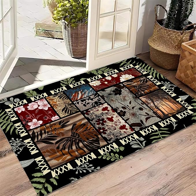 Vintage Jungle Floral Area Rug 7x9ft, Tropical Leaf Print Low Pile Carpet, Washable Non-Slip & Soft Mat for Bedroom, Living Room, Dining Room, Playroom
