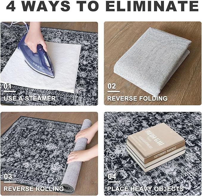KILOCOCO Washable Runner 2x6 Rug Runner Printed Vintage Floral Kitchen Runners Non-Slip Rubber Backed Runners for Hallways Distressed Thin Soft Rugs for Entryway Laundry Room, Black/Navy/White