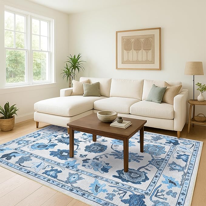 Fame Living Navy Blue Oushak Rug, Modern Small Rugs, Vintage, Turkish, Eclectic, Floral, Pastel, Washable, Door Mat, Doormat for Indoor Entrance, Entryway, Kitchen, Bathroom, Bedroom, Laundry, 2'x3'