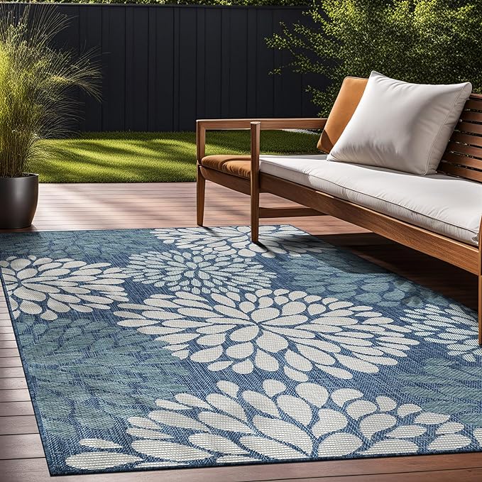 Beverly Rug Outdoor Rug 6x9 Modern Exotic Tropical Leaf Area Rugs for Indoor and Outdoor Patio Deck Porch Garden Water Resistant Washable Outside Carpet (6 x 9 Blue)