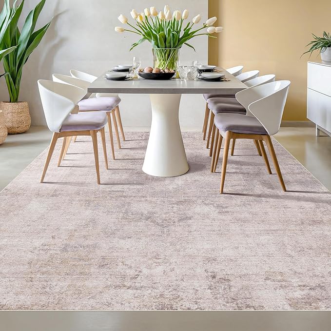 Pink and Grey Living Room Rug 8x10 - Modern Distressed Medallion Area Rug for Dining Room Under Table, Bedroom, Washable Non Slip High Traffic Low Pile Thin Floor Carpet