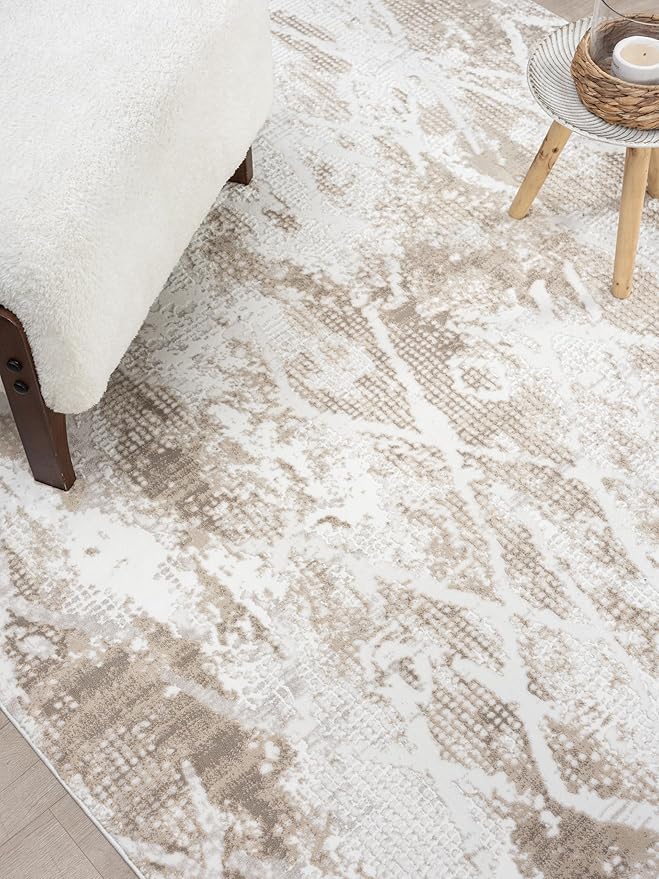 Adel Modern Area Rug for Living Room, 8x10 Rustic Distressed Abstract Large Beige Neutral Rug, Medium Pile Stain Resistant Carpet for Bedroom, Dining Room or Kitchen (8' x 10', Beige)