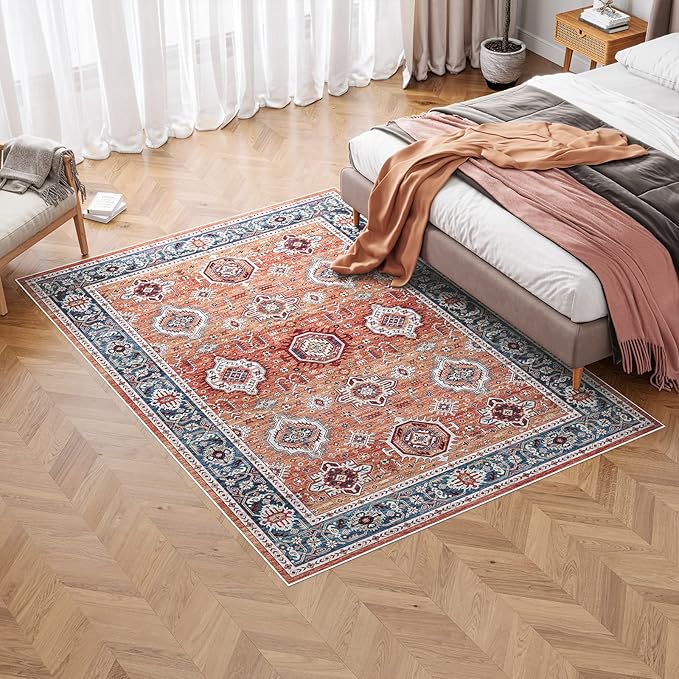 Dripex Vintage Washable Area Rug - 5x8 Distressed Rugs for Living Room Bedroom Oriental Medallion Floral Print Carpet Low-Pile Indoor Soft Non-Slip Accent Rug Farmhouse Office Home Decor
