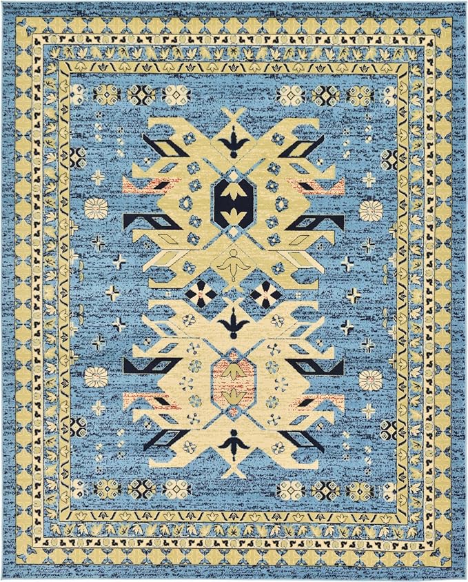 Unique Loom Taftan Collection Border Geometric Tribal Inspired Design Area Rug (8' 0 x 10' 0 Rectangular, Light Blue/ Gold)