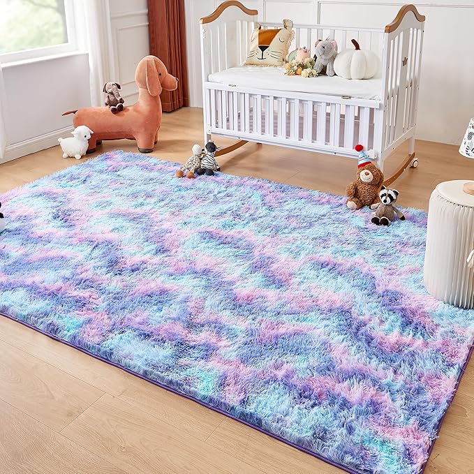 Andency Soft Area Rugs for Living Room Bedroom, 4x6 Fluffy Shaggy Bedside Rug, Non-Slip Large Shag Fuzzy Plush Carpets for Bedroom Kids Dorm Nursery Home Decor Aesthetic, Tie-Dyed Unicorn Rainbow