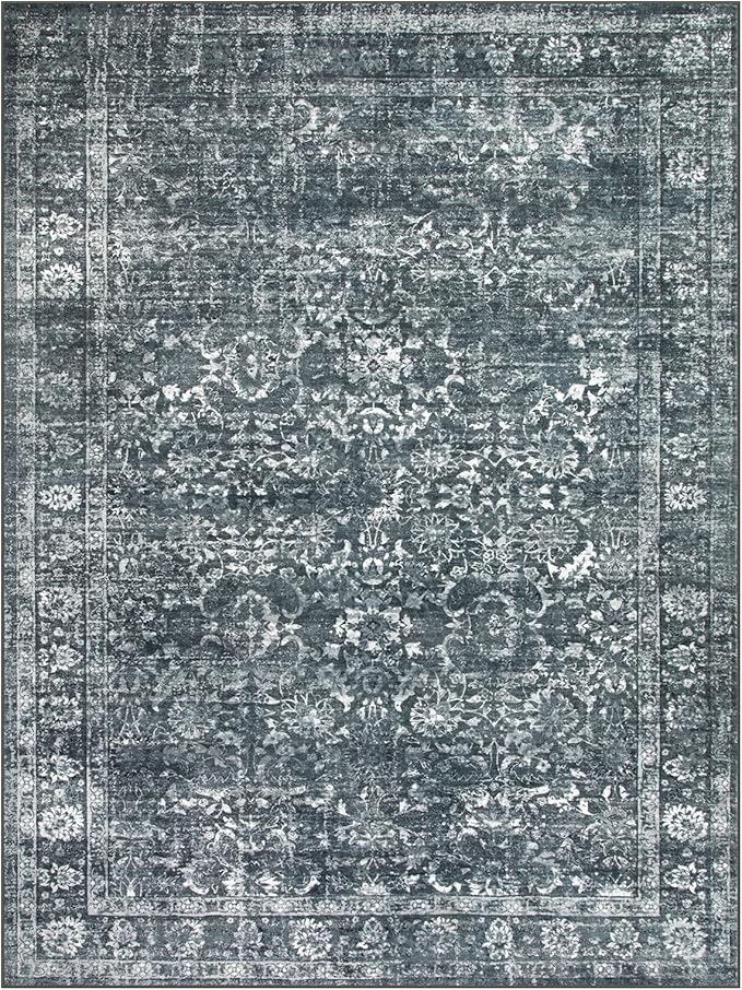 Morebes Washable Area Rugs 9x12 Living Room, Soft Black Rugs for Bedroom, Non Slip Distressed Boho Dining Room Floor Carpet for Indoor Home Office