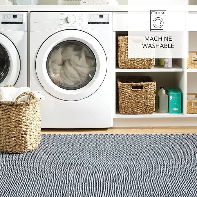 Dash and Albert Herringbone Machine Washable Area Rug - Runner - 2.5' x 8' Navy - Geometric Accent Rug - Anti-Slip Backing, Lightweight, Machine Washable, High Traffic Area Kitchen, Mudroom, Entryway