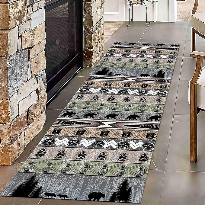 Bear Rug for Runner Rug, 2x10ft, Rustic Black Bear Wood Saw Compass Pine Oil Lamp Pattern Long Runner Rug, Camping Theme Multi-Color Stitching Non-Slip Floor Carpet, Cabin Style Home Decoration
