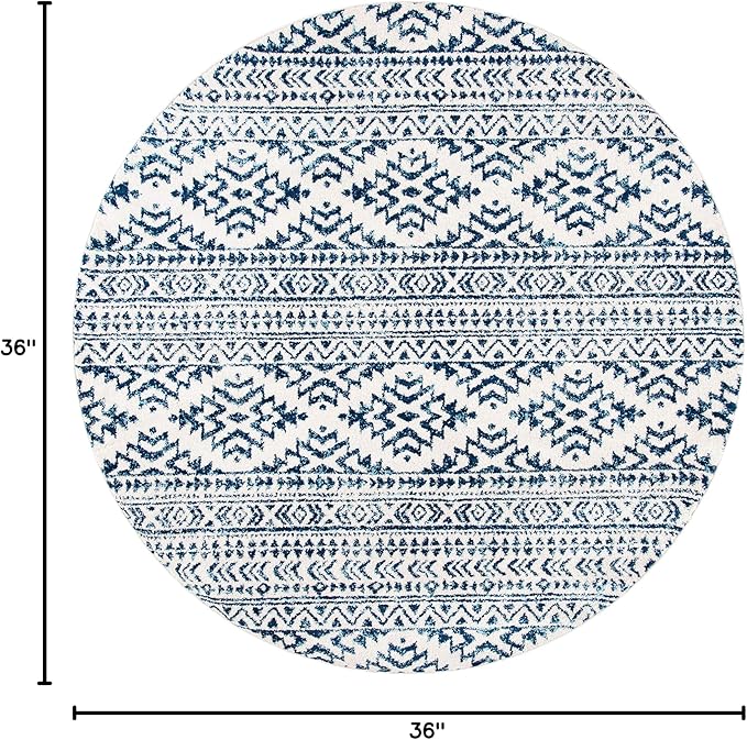 SAFAVIEH Tulum Collection Area Rug - 3' Round, Ivory & Navy, Moroccan Boho Tribal Design, Non-Shedding & Easy to Clean, Ideal for Entryway, Foyer, Accent Space, Bedroom (TUL272D)