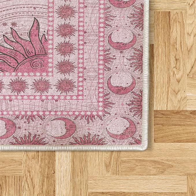 Ambesonne Sun and Moon Decorative Rug, Bohemian Artwork Design of Crescent Solar Ornament Esoteric Stars Ornaments, Quality Carpet for Bedroom Dorm and Living Room, 2' 2" x 3' 7", Pink