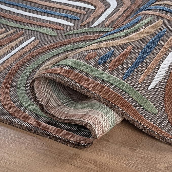 CAMILSON Indoor Outdoor Rug, Brown 5x7 Geometric Arch Striped Area Rugs for Patio and Home Areas, Easy-Cleaning Non-Shedding Living Room, Garden and Deck Washable Outside Carpet (5 x 7)