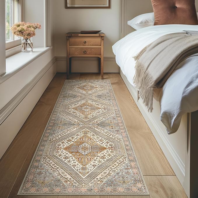 Bavni Runner Rug 2x12 Kitchen Rugs for Hallways Entryway, Washable Vintage Print Carpet, Ultra-Thin Chenille Low Pile Lightweight Rug with Non Slip Backing, Light Tan/Grey