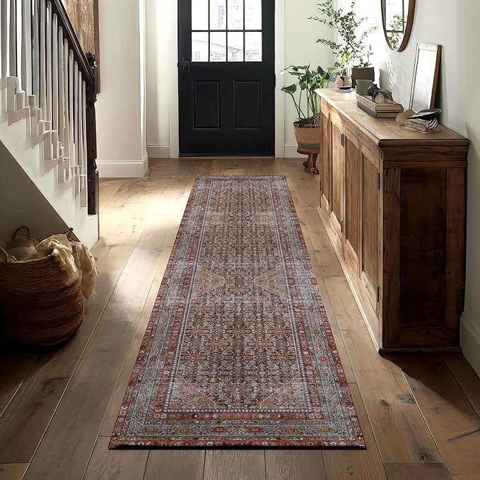 Kuden 2'6"x7' Runner Rug, Machine Washable Area Rug with Non-Slip Backing, Vintage Style, Soft, Easy Clean, Low Pile Rug for Hallway, Entryway, Kitchen, Bedroom