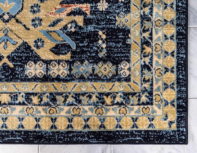 Unique Loom Taftan Collection Border Geometric Tribal Inspired Design Area Rug (5' 0 x 8' 0 Rectangular, Navy Blue/ Gold)