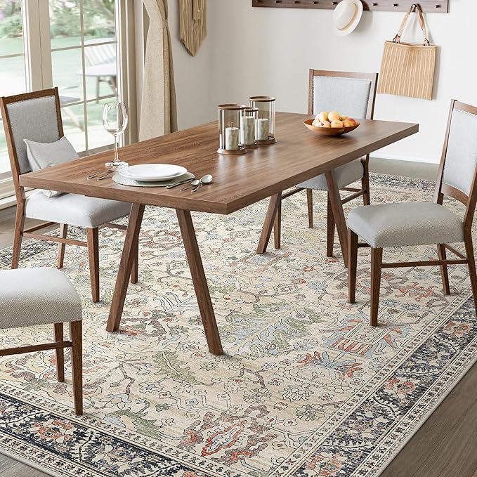 Clearance 10x14 Area Rugs for Living Room, Boho Machine Washable Rugs Non-Slip, Extra Lage Vintage Rugs for Bedroom Dinning Room, Morden Vintage Floral Farmhouse Cottage Carpet, Ivory/Teal