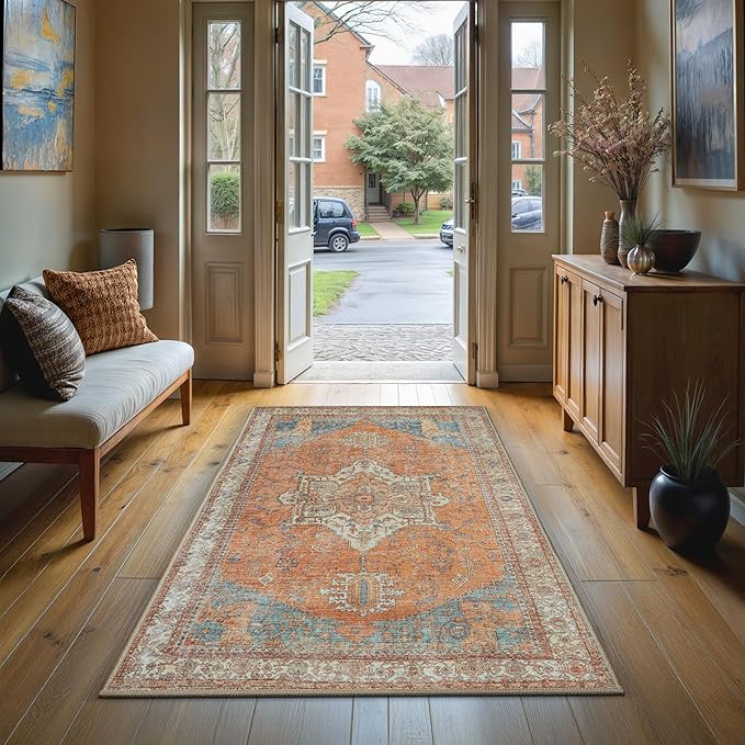 GLN Rugs Traditional Collection - Machine Washable Area Rug, Traditional Washable, Non Slip, Low Pile Chenille Rug, Living Room, Bedroom, Kitchen Rug (2'6" x 7' Terra/Multicolor)