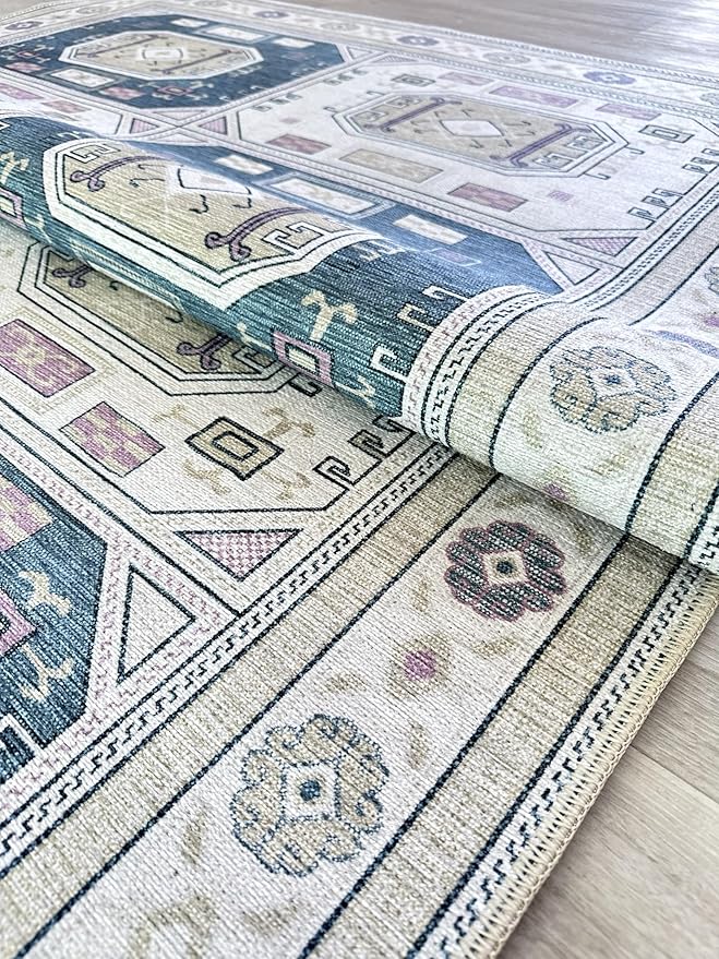 Fame Living Faded Oushak Rug, Turkish Vintage Floral Pastel Large Oversized Area Rugs for Living Room Dining Bedroom Kitchen Bathroom Nursery (848CrNv, 9' x 12')