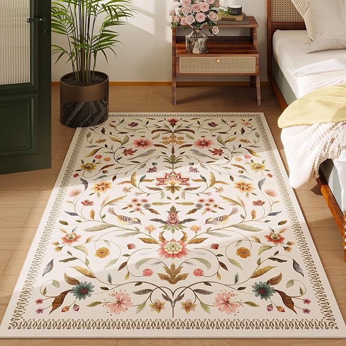 Vintage Medallion Floral 3x5 Washable Rug, Soft Low Pile Area Rug, Non-Slip Carpet for Bedside, Bedroom, Bathroom, Entryway, Kitchen, Office, Kids/Girls Room | Beige