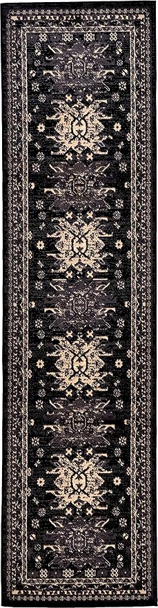 Unique Loom Taftan Collection Border Geometric Tribal Inspired Design Area Rug (2' 7 x 10' 0 Runner, Black/ Gray)