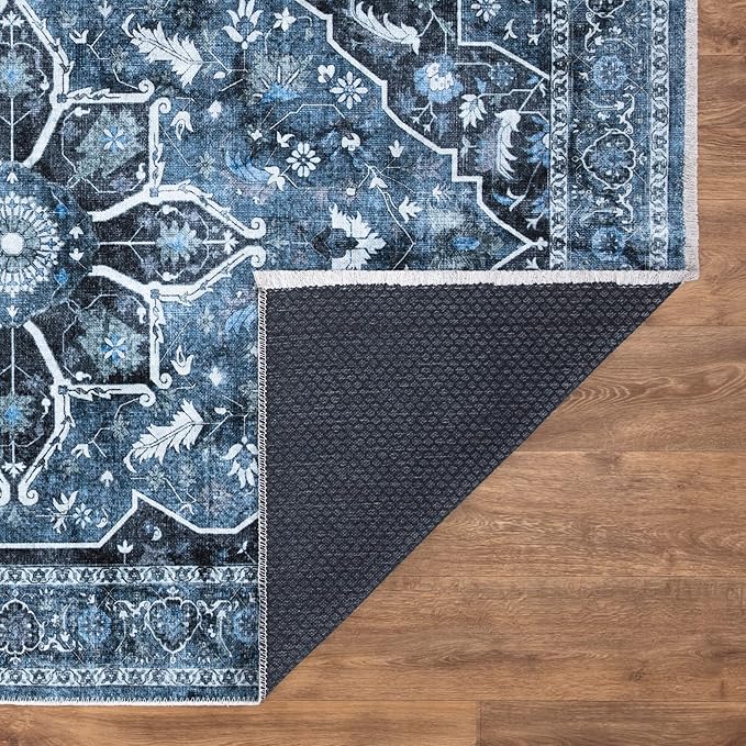 Bloom Rugs Caria Washable Non-Slip 6x9 Rug - Blue/Charcoal Traditional Area Rug for Living Room, Bedroom, Dining Room, and Kitchen - Exact Size: 6' x 9'