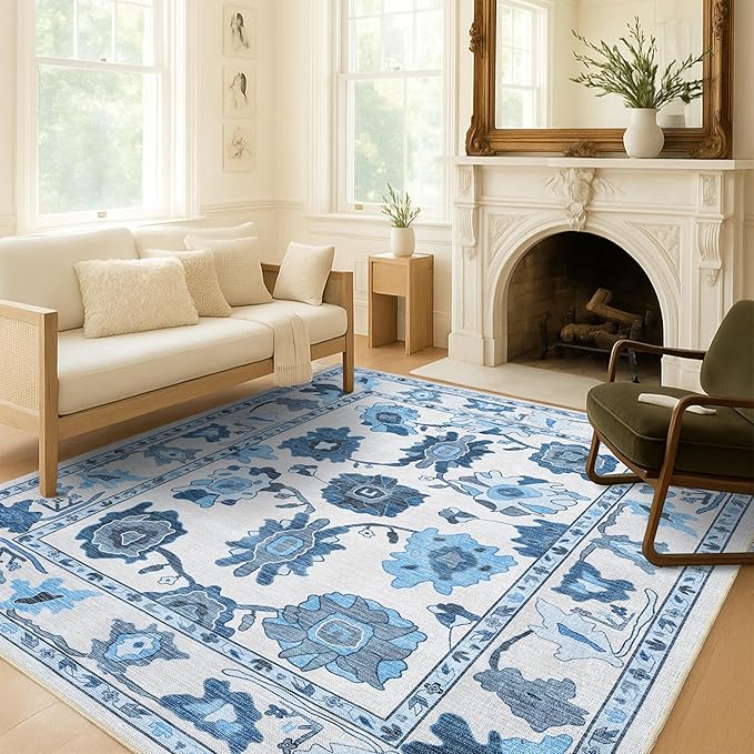Fame Living Navy Blue Oushak Rug, Modern, Vintage, Turkish, Eclectic, Floral, Pastel, Washable, Oversized, Extra Large Area Rugs for Living Room, Dining, Bedroom, Lounge 9'5"x14'