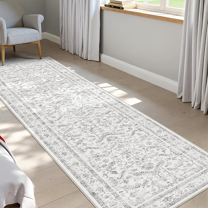 Grey 2x6 Runner Rug Vintage Area Carpet Hallway Indoor Kitchen Washable Low Pile Traditional Distressed Retro Accent Throw Rug Non Slip for Laundry Bathroom Office