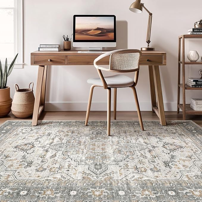 10x14 Area Rugs Living Room: Washable Boho Large Neutral Vintage Soft Rug Stain Resistant Distressed Farmhouse Non-Slip Indoor Floor Carpet for Bedroom Nursery Kids Office Dining Room- Taupe